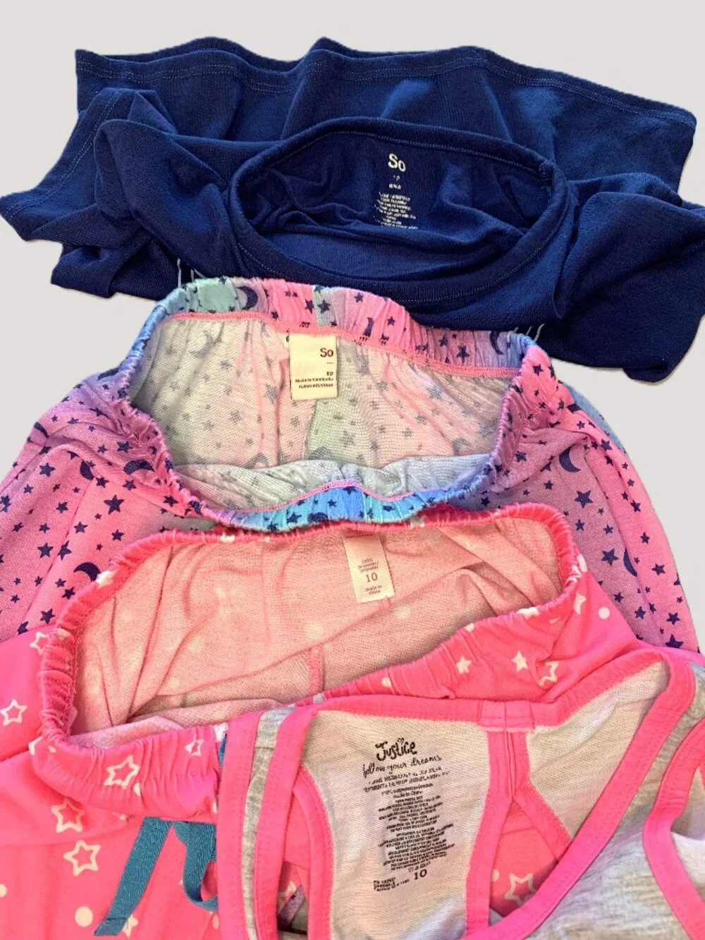 4 Piece Girls Pajama Set Short Sleeves/Pants Justice/SO Size 10/12 Pink Blue